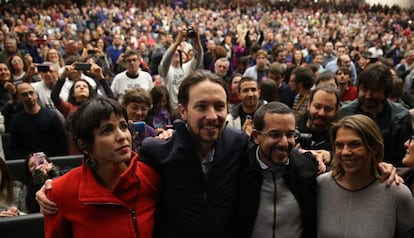 De izquierda a derecha, Teresa Rodríguez, Pablo Iglesias, Sergio Pascual y Begoña Gutiérrez.