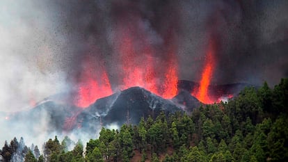 Lava and ash are spewed into the air during the volcanic eruption in La Palma.