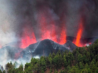 Lava and ash are spewed into the air during the volcanic eruption in La Palma.