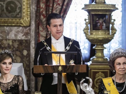 Discurso del presidente de México, Enrique Peña Nieto, durante la cena de gala ofrecida por los reyes de España al mandatario mexicano en el Palacio Real, en Madrid. 