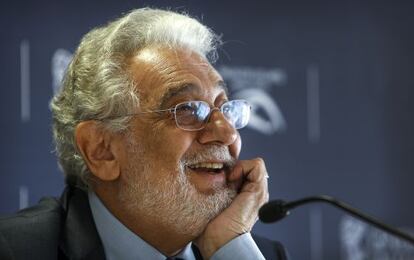 Plácido Domingo durante la rueda de prensa en el Palau de les Arts