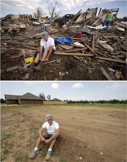 En la imagen de arriba, Rick Brown se coloca unas botas tras encontrarlas entre los escombros de su casa en Moore, 22 de mayo de 2013. Abajo, Brown en el solar donde estaba su hogar. Todavía no ha comenzado a construir su nueva casa, 8 de mayo de 2014.