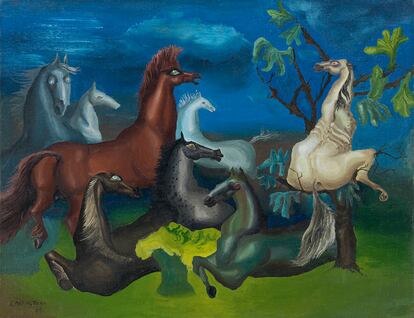 'The Horses of Lord Candlestick (Los caballos de lord Candlestick)', 1938, de Leonora Carrington, en la Fundación Mapfre de Madrid. 
