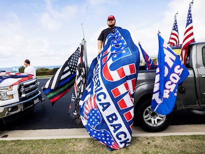Trump supporters prepare for a rally ahead of Super Tuesday in Rancho Palos Verdes, California, on March 3, 2024.