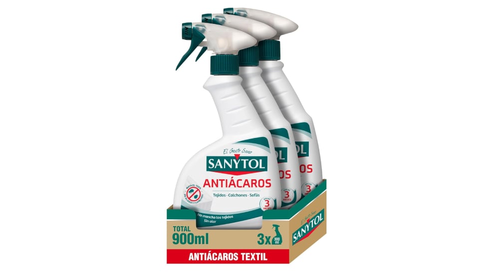 Espray antiácaros para todo tipo de textiles, de Sanytol (tres unidades).