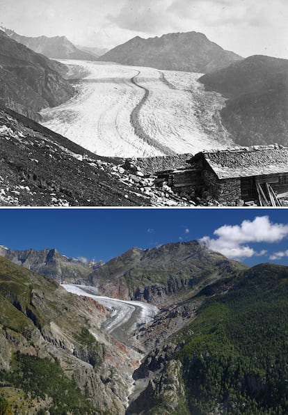 La última imagen corresponde al glaciar Aletsch, en 1865 y en la actualidad. Denis Balibouse además de tomar las fotos también ha publicado un vídeo con su trabajo, <a href="https://www.reuters.com/article/us-climate-change-swiss-backstory/backstory-slowing-down-to-see-switzerlands-melting-glaciers-idUSKBN1XZ0UJ?utm_medium=Social&utm_source=twitter">que puedes ver aquí.</a> Una de las consecuencias del calentamiento global en esta zona del mundo es que cadáveres atrapados en los glaciares salen a la superficie después de décadas congelados, <a href="https://elpais.com/internacional/2018/07/23/mundo_global/1532345833_454942.html">como te contamos en este 'post' de Mundo Global.</a>