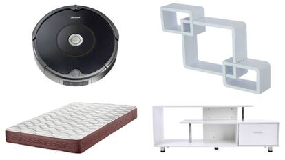 De arriba a abajo y de izquierda a derecha: iRobot Roomba 606, juego de tres estantes de pared, colchón reversible y Mesa soporte para el televisor con estantes y cajón.