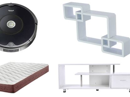 De arriba a abajo y de izquierda a derecha: iRobot Roomba 606, juego de tres estantes de pared, colchón reversible y Mesa soporte para el televisor con estantes y cajón.