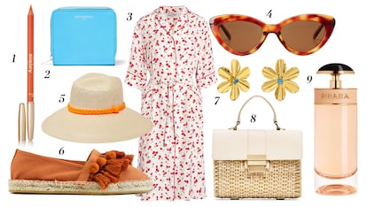 1. Sisley Perfilador de labios 2. Balenciaga Monedero pequeño 3. HVN Vestido con estampado de cerezas 4. Mango Gafas de sol 5. Sensi Studio Sombrero 6. Mango Alpargatas con pompones 7. Tous Pendientes con forma de flor 8. Zara Bolso combinado 9. Prada Perfume Candy L'Eau.