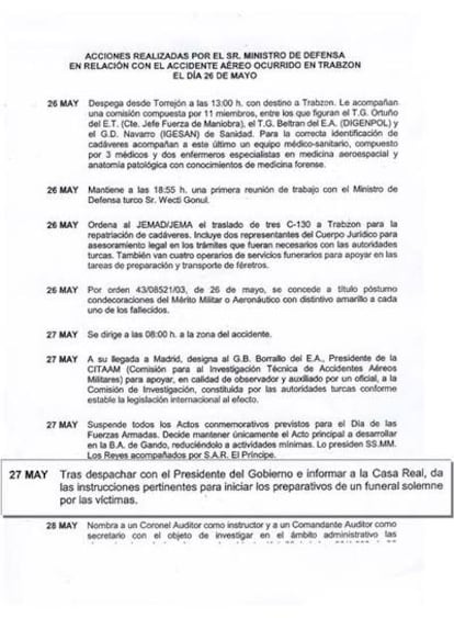 Nota que relata las actividades de Trillo tras el accidente del Yak-42.