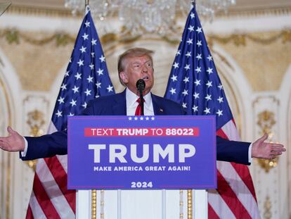 Former President Donald Trump speaks at his Mar-a-Lago estate Tuesday, April 4, 2023, in Palm Beach, Florida.