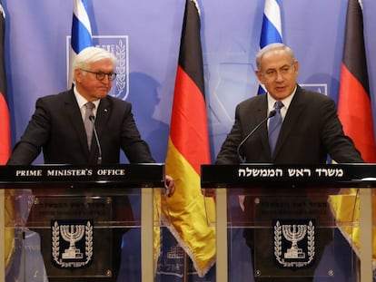 O presidente da Alemanha, Frank-Walter Steinmeier, e o primeiro-ministro israelense, Benjamin Netanyahu, em Jerusalém.