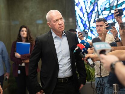 Israeli Minister of Defense Yoav Gallant talks to reporters ahead of the weekly cabinet meeting in Jerusalem, on Sept. 10, 2023