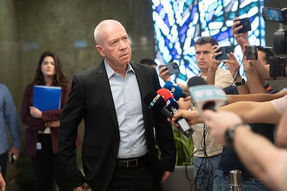 Israeli Minister of Defense Yoav Gallant talks to reporters ahead of the weekly cabinet meeting in Jerusalem, on Sept. 10, 2023