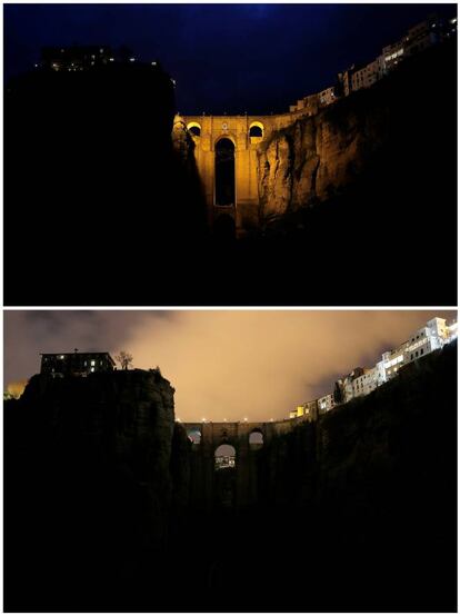 Dos fotos muestran el Puente Nuevo sobre el Tajo de Ronda, ciudad cercana a Málaga, España, antes y durante la Hora del Planeta.