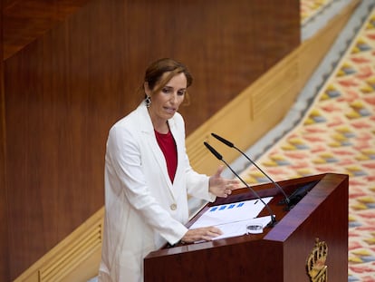 La portavoz de Más Madrid en la Asamblea, Mónica García, interviene en el debate del estado de la región, en la Asamblea de Madrid.