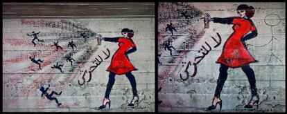 Un grafiti realizado en 2012 en El Cairo muestra a una mujer que proclama en árabe "no al acoso" (izquierda). La figura añadida después (derecha) le pone la mano en el trasero.