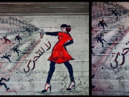 Un grafiti realizado en 2012 en El Cairo muestra a una mujer que proclama en árabe "no al acoso" (izquierda). La figura añadida después (derecha) le pone la mano en el trasero.