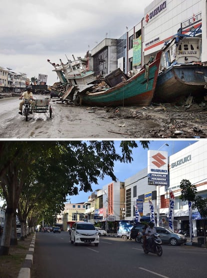 En este caso las dos imágenes enseñan un área comercial de la ciudad costera de Banda Aceh, muy afectada por el tsunami de 2004. En la fotografía superior realizada casi dos semanas después de la catástrofe se ven algunos barcos arrastrados tierra adentro por la fuerza del agua. Diez años después el concesionario de automóviles sigue existiendo, pero el aspecto de la calle y muchos otros edificios son completamente diferentes. Las imágenes están hechas el 8 de enero de 2005, por Kazuhiro Nogi, y el 27 de noviembre de 2014, por Bay Isamoyo.