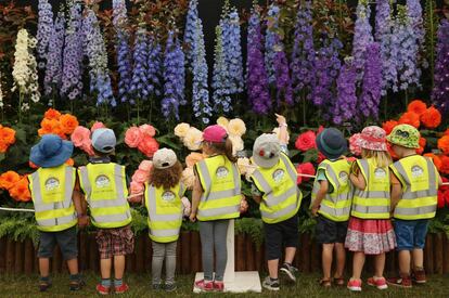 Un grupo de niños visitan el Palace Flower Show de Hampton Court, en Londres, que es la mayor exposición de jardinería en el Reino Unido.