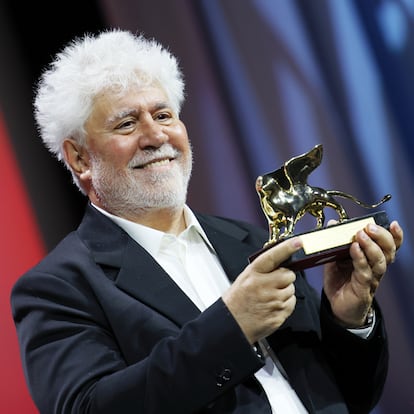 VENICE, ITALY - SEPTEMBER 07: Pedro Almodovar accepts the Golden Lion for “The Room Next Door” onstage during the 81st Venice International Film Festival at Sala Grande on September 07, 2024 in Venice, Italy. (Photo by Vittorio Zunino Celotto/Getty Images)