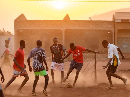 Young soccer players in Korhogo, Ivory Coast; January 17, 2024.