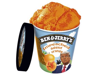 Impeached Agent Orange es un helado de naranja y melocotón inspirado en Trump. Nos lo hemos inventado.