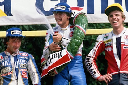 Ángel Nieto, Fausto Gresini y August Auinger, en los años ochenta.