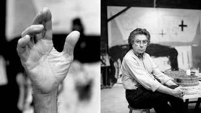 A la izquierda, la mano de Antoni Tàpies. A la derecha, el pintor y escultor barcelonés, en su estudio. Ambas fotografías fueron tomadas en Barcelona en 1991