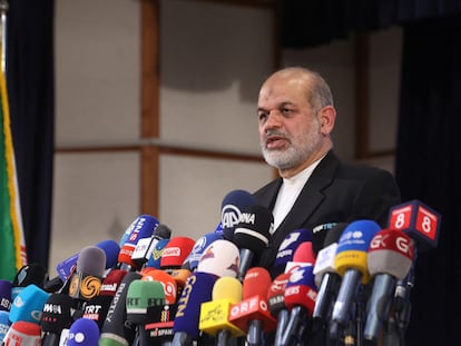 Iranian Interior Minister Ahmad Vahidi speaks during a press conference after the parliamentary elections in Tehran, Iran, March 4, 2024.