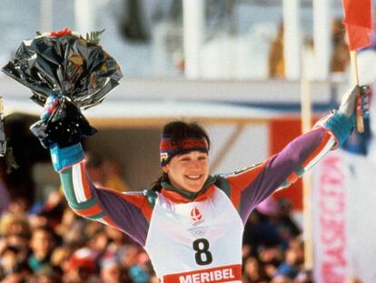 Blanca Fernández Ochoa, tras conseguir la medalla de bronce en la prueba de eslalon gigante en los Juegos Olímpicos de Invierno de Albertville (Francia) en 1992.
