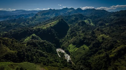 Vista aérea del río Gualcarque, en la comunidad Río Blanco.