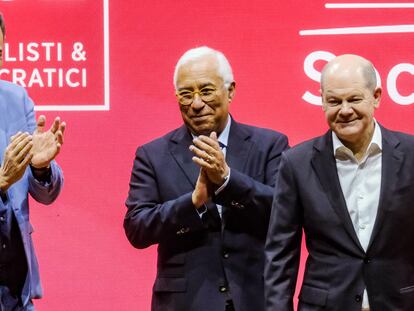 Pedro Sánchez, Olaf Scholz y Antonio Costa, Pedro Sánchez, esta mañana, durante el congreso de los socialistas europeos en Roma.