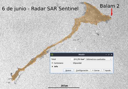 Un análisis a través de software especializado en imágenes geolocalizadas sitúa el área de la mancha en 211 kilómetros cuadrados.