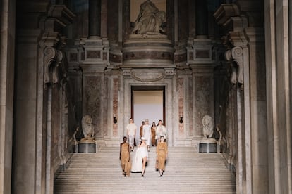 CASERTA, ITALY - JUNE 17: Models walk the runway during the Max Mara Cruise fashion show at Reggia Di Caserta on June 17, 2025 in Caserta, Italy. (Photo by Alena Zakirova/Getty Images)