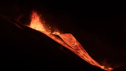 Lava flowing out of the volcano in La Palma.
