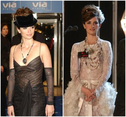 En 2003, Penélope Cruz aparecía con un ‘total look’ de Chanel en la alfombra roja de los Goya. Eso sí, se cambió para subir al escenario para presentar el galardón a mejor director junto al realizador Alejandro Amenábar (a la derecha). 