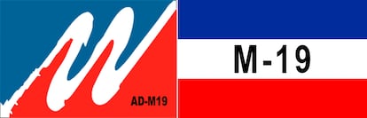 A la izquierda, la bandera de la Alianza Democrática M19. A la derecha, la bandera de la guerrilla M-19.