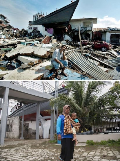 Un barco encaramado al tejado de una casa de Banda Aceh muestra el nivel que alcanzó el agua en el tsunami de 2004. En la ciudad indonesia y sus alrededores muchos edificios resultaron dañados. Las poblaciones situadas en la costa noroccidental de Sumatra fueron borradas del mapa por la fuerza de las aguas. En la parte inferior de la composición una mujer camina por el mismo lugar diez años después. Imágenes hechas el 15 de enero de 2015 por Jewel Samad y por Chaideer Mahyuddin el 6 de enero de 2014.