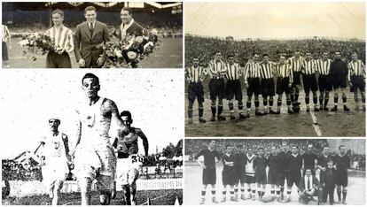 De izquierda a derecha y de arriba abajo, el capitán del Athletic de Bilbao y del Racing de París, Manuel Anatol (a la derecha), con el boxeador Paulino Uzcudun (en el centro), durante un amistoso en 1930 (Archivo Athletic Club Museo); alineación del Athletic, durante un partido contra el Arenas de Getxo en 1927. Anatol es el cuarto desde la derecha (Archivo Athletic Club Museo); Anatol, semitapado, con camiseta oscura y el dorsal 38, durante el campeonato de España de Atletismo en 1923 (cedida por la Federación Española de Atletismo), y formación del Real Unión de Irún que ganó la Copa del Rey en 1924. Anatol es el séptimo por la izquierda (cedida por Carlos Fernández de Casadevante).