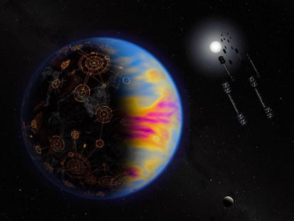 Ilustración artística de un exoplaneta tecnológicamente avanzado, los colores exagerados muestran la contaminación industrial.