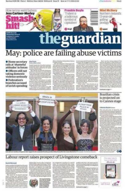 Capa do jornal britânico 'The Guardian' com a foto da equipe do filme brasileiro que disputa a Palma em Cannes.