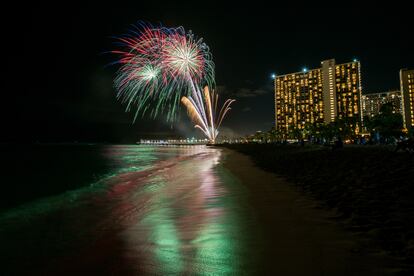 Fireworks on the beach in Honolulu.