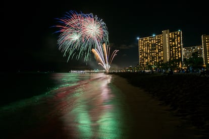 Fireworks on the beach in Honolulu.