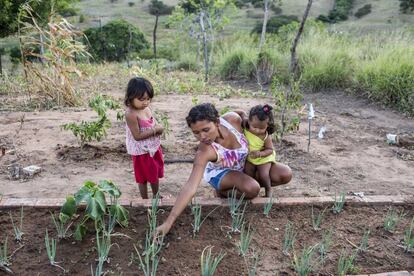 Inés Teodora dos Santos, y sus hijas Eliara, de 14 meses, e Isabel, de tres años, contemplan la huerta familiar en el patio de su casa en la aldea Segredo. Los kirirí no solo han incrementado su capacidad productiva, sino también han trabajado para mejorar su seguridad alimentaria. En este sentido, se ha desarrollado un programa de pequeñas huertas familiares que garantizan un mínimo de alimentos esenciales con un mínimo de inversión. Este hecho, complementado con el aumento de ingresos propiciado por el trabajo remunerado, ha mejorado enormemente la nutrición de los kirirí. 