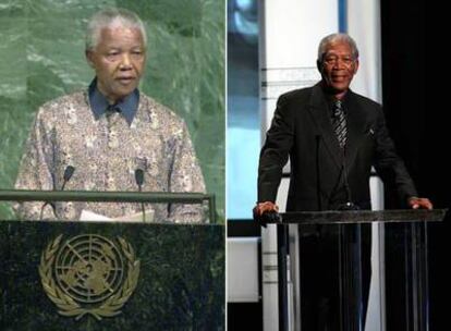 Nelson Mandela, en la ONU en 1998. A la derecha, Morgan Freeman, que le representará en el filme.