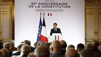 El presidente francés, Emmanuel Macron, durante su discurso sobre la posible reforma constitucional, el 4 de octubre en París.
