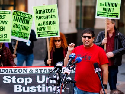 Amazon JFK8 distribution center union organizer Jason Anthony speaks to media, April 1, 2022, in the Brooklyn borough of New York.