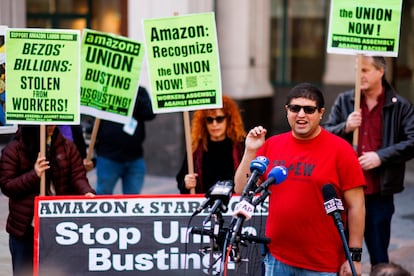 Amazon JFK8 distribution center union organizer Jason Anthony speaks to media, April 1, 2022, in the Brooklyn borough of New York.