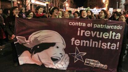 Cabecera de la marcha del D&iacute;a de la Mujer Trabajadora en Madrid.